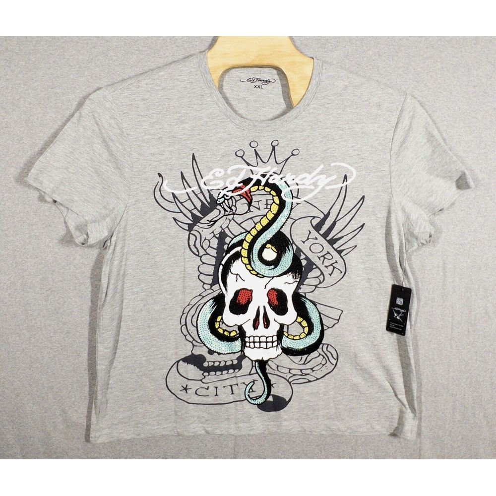 NWT Ed Hardy Rhinestone Skull Snake Tee Mens XXL MSRP $85‎